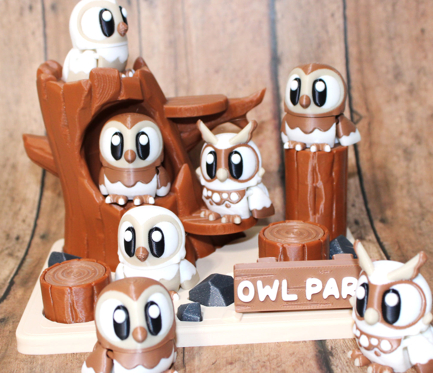 Owl Park Showcase-3D Printed Articulated Flexi Fidget-Includes 7 Owls and the Owl Park - Wonderland 3D Printing