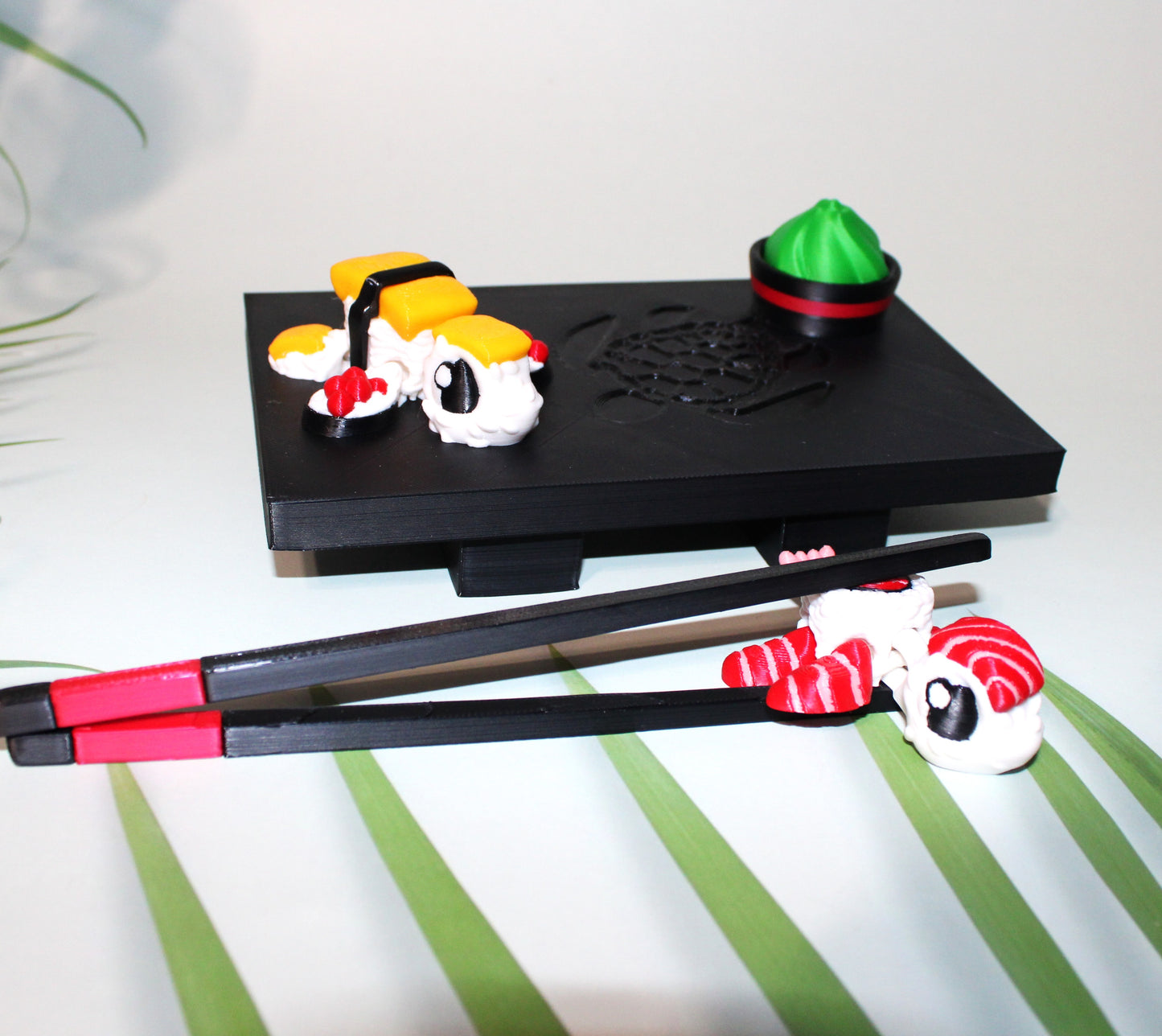 Sushi Turtles - Includes a tray, chopsticks, wasabi with bowl, one Tamago sushi turtle, and one Toro sushi turtle - 3D printed. - Wonderland 3D Printing