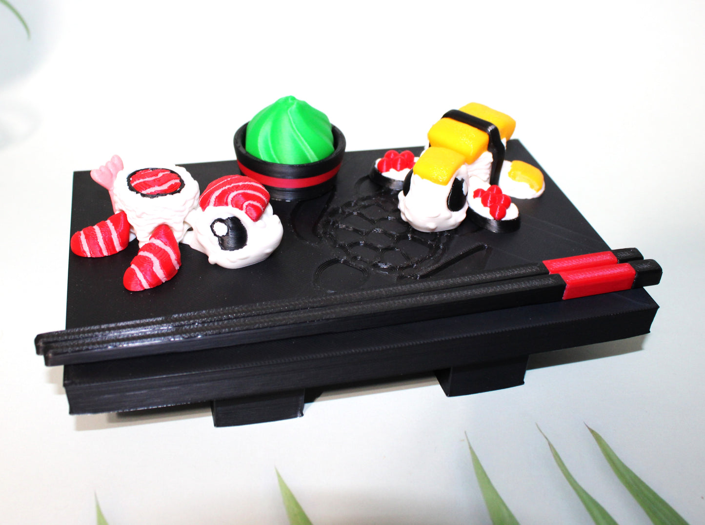 Sushi Turtles - Includes a tray, chopsticks, wasabi with bowl, one Tamago sushi turtle, and one Toro sushi turtle - 3D printed. - Wonderland 3D Printing