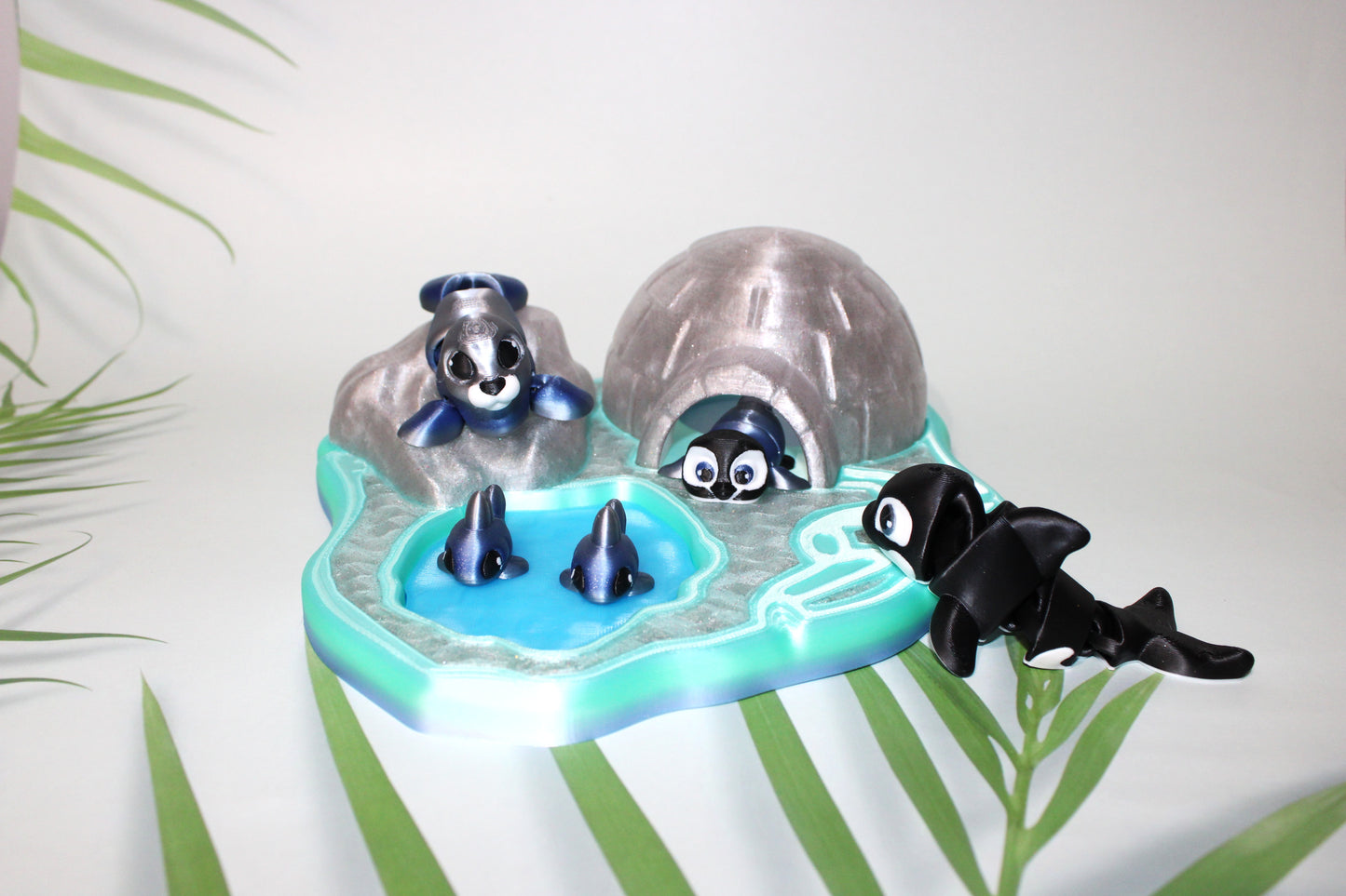 Artic Set: Includes Igloo and base with 1 Orca, 1Pengiun,1 Seal, and 2 fish-Full Color 3D Printed Articulated Fidget Toy - Wonderland 3D Printing