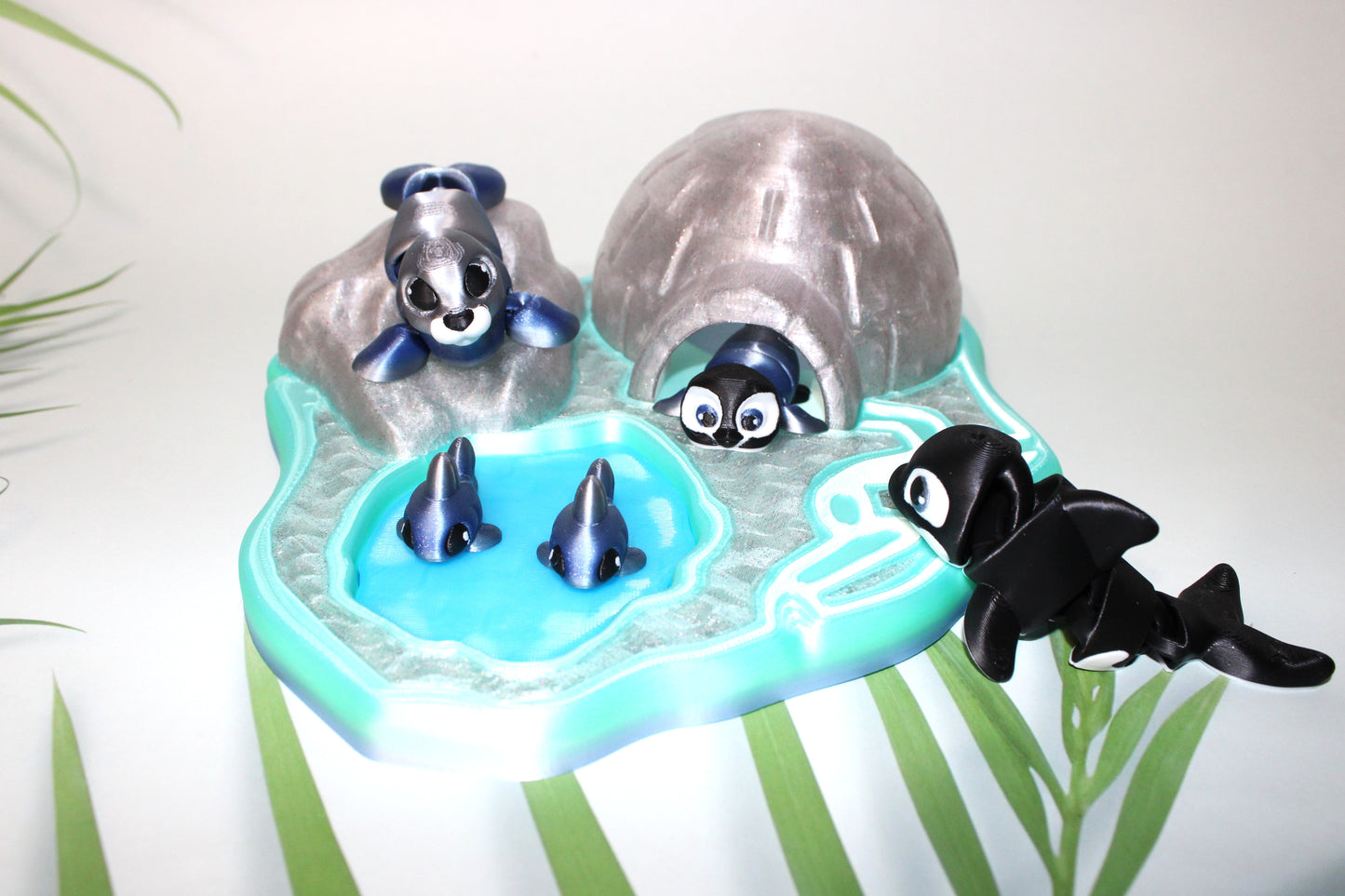 Artic Set: Includes Igloo and base with 1 Orca, 1Pengiun,1 Seal, and 2 fish-Full Color 3D Printed Articulated Fidget Toy - Wonderland 3D Printing