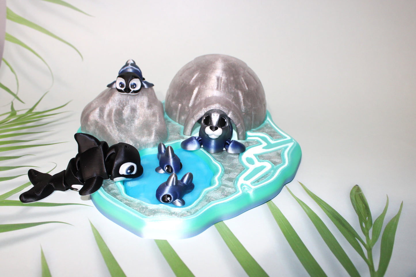 Artic Set: Includes Igloo and base with 1 Orca, 1Pengiun,1 Seal, and 2 fish-Full Color 3D Printed Articulated Fidget Toy - Wonderland 3D Printing