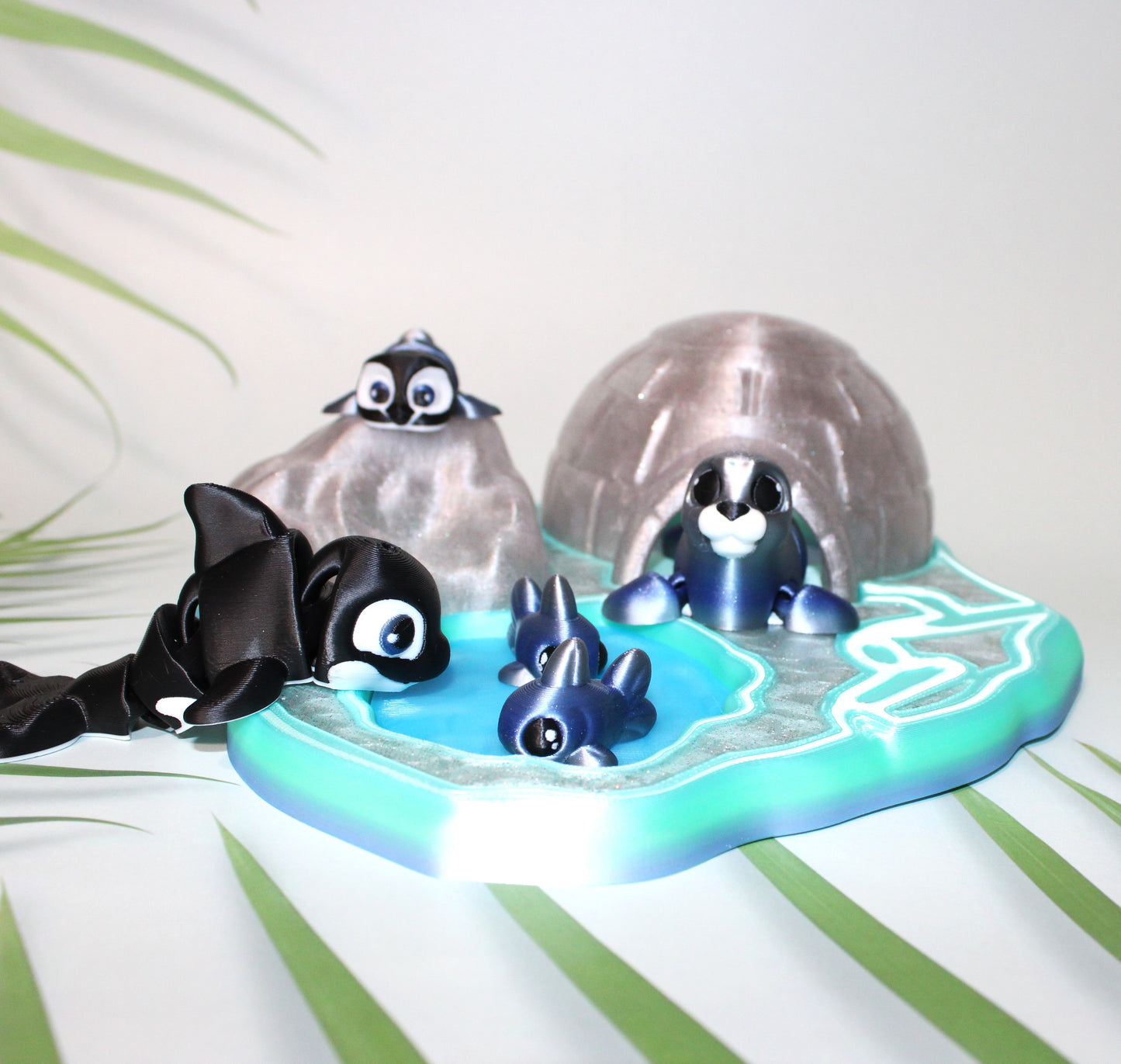Artic Set: Includes Igloo and base with 1 Orca, 1Pengiun,1 Seal, and 2 fish-Full Color 3D Printed Articulated Fidget Toy - Wonderland 3D Printing