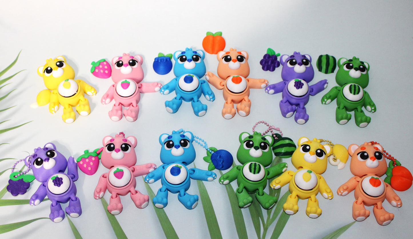Fruit Bear Clickers- Keychain Options 3D Printed Articulated Flexi Fidget - Wonderland 3D Printing