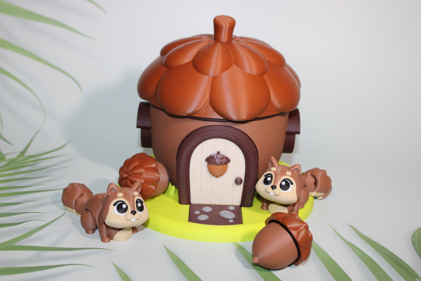 Flexi Squirrels (2) with Acorn House Showcase Container and 2 Acorn Clickers-3D Printed Articulated Flexi Figurine - Wonderland 3D Printing
