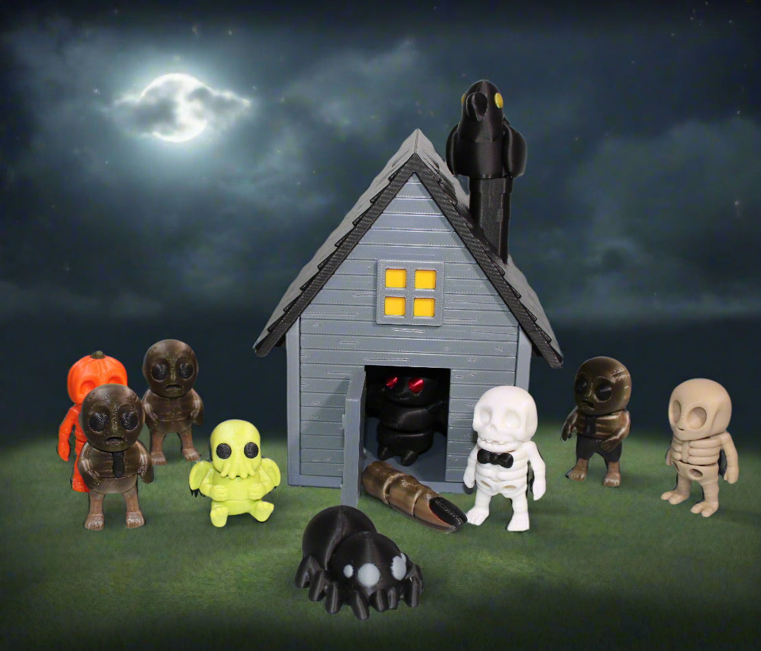 Haunted House Showcase Container with 11 Mini Flexi Toys-3D Printed Articulated Fidget - Wonderland 3D Printing