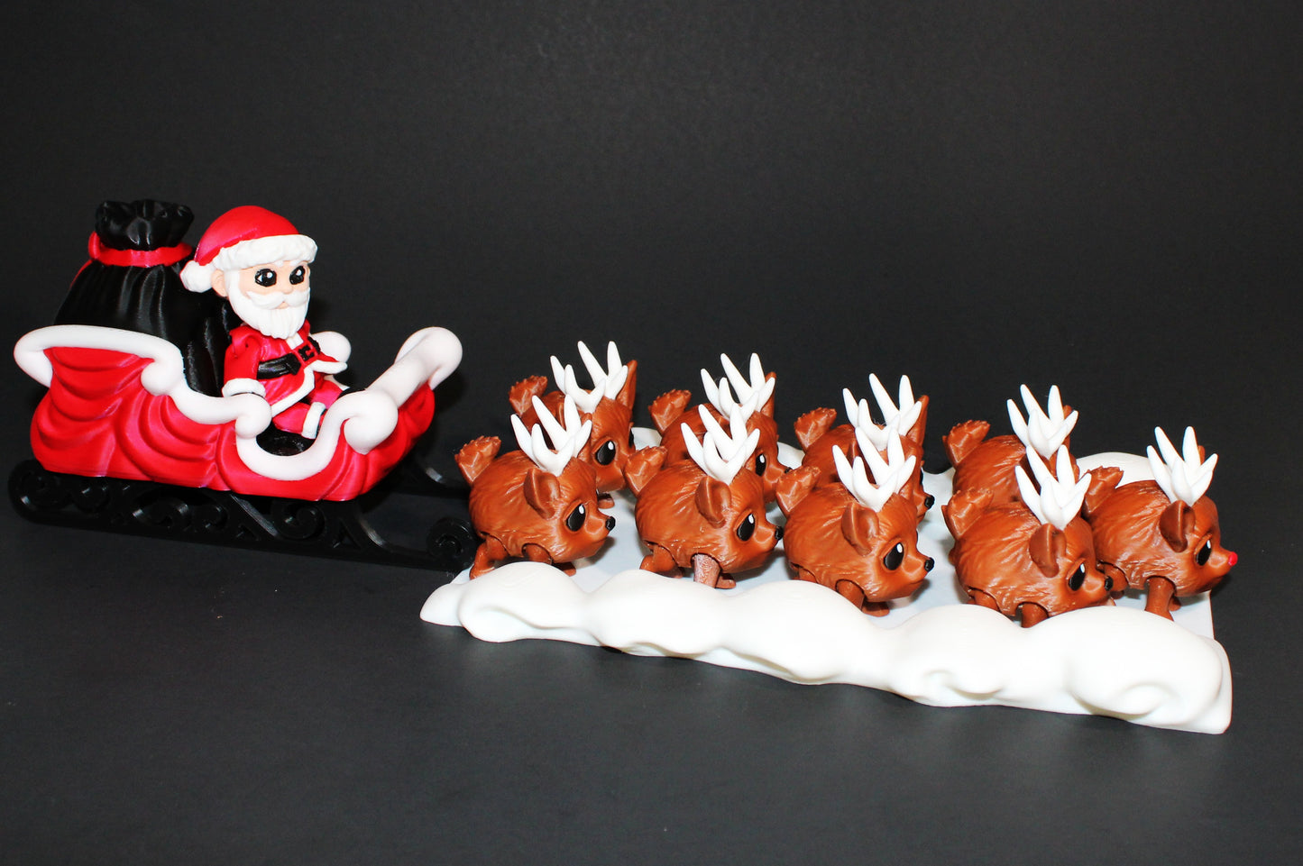 3D Printed Santa Sleigh Scene: Includes 8 Reindeer Pufflings and 1 Rudolph Puffling Christmas Decor - Wonderland 3D Printing