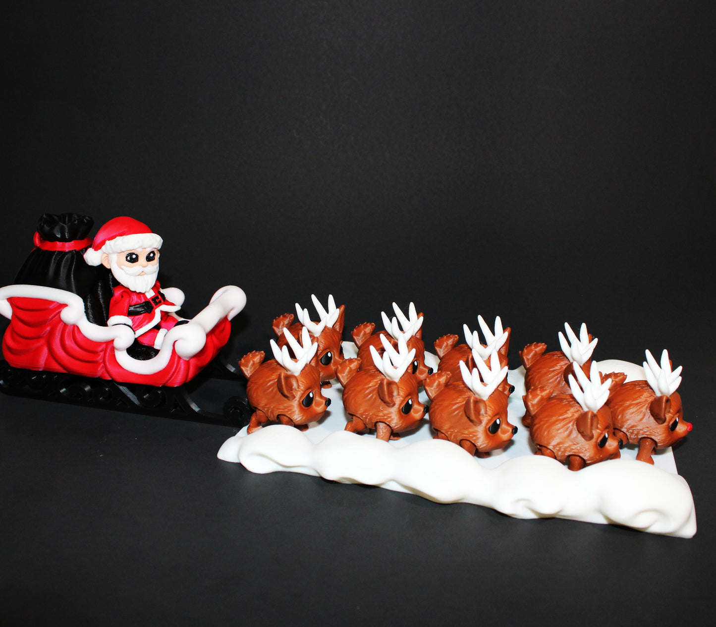 3D Printed Santa Sleigh Scene: Includes 8 Reindeer Pufflings and 1 Rudolph Puffling Christmas Decor - Wonderland 3D Printing