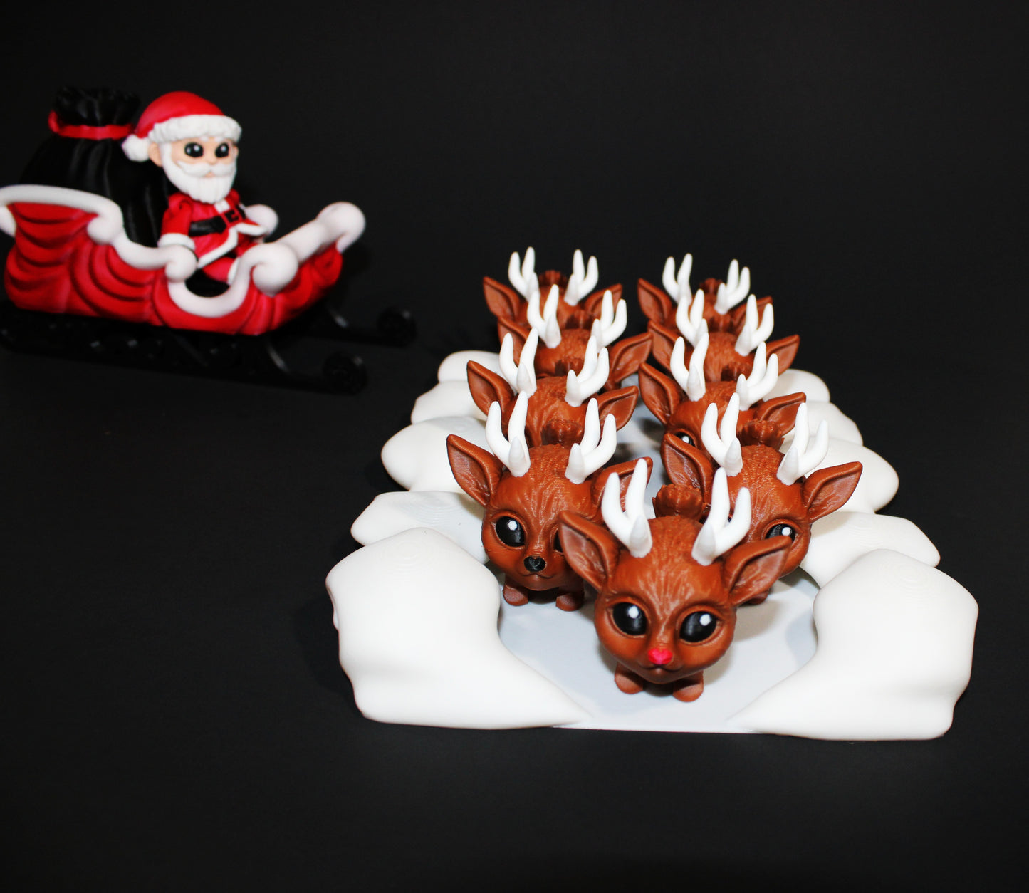 3D Printed Santa Sleigh Scene: Includes 8 Reindeer Pufflings and 1 Rudolph Puffling Christmas Decor - Wonderland 3D Printing