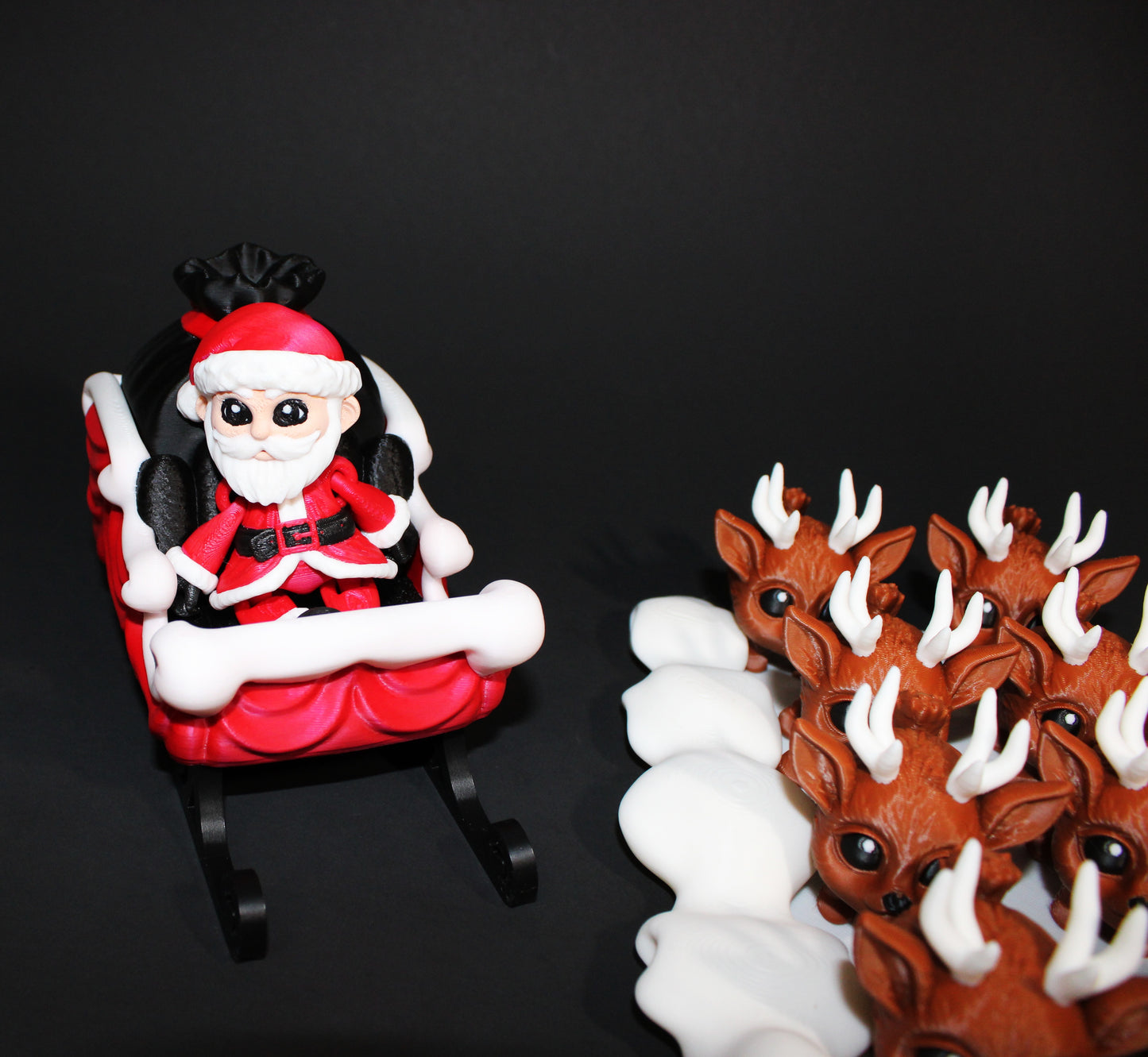 3D Printed Santa Sleigh Scene: Includes 8 Reindeer Pufflings and 1 Rudolph Puffling Christmas Decor - Wonderland 3D Printing
