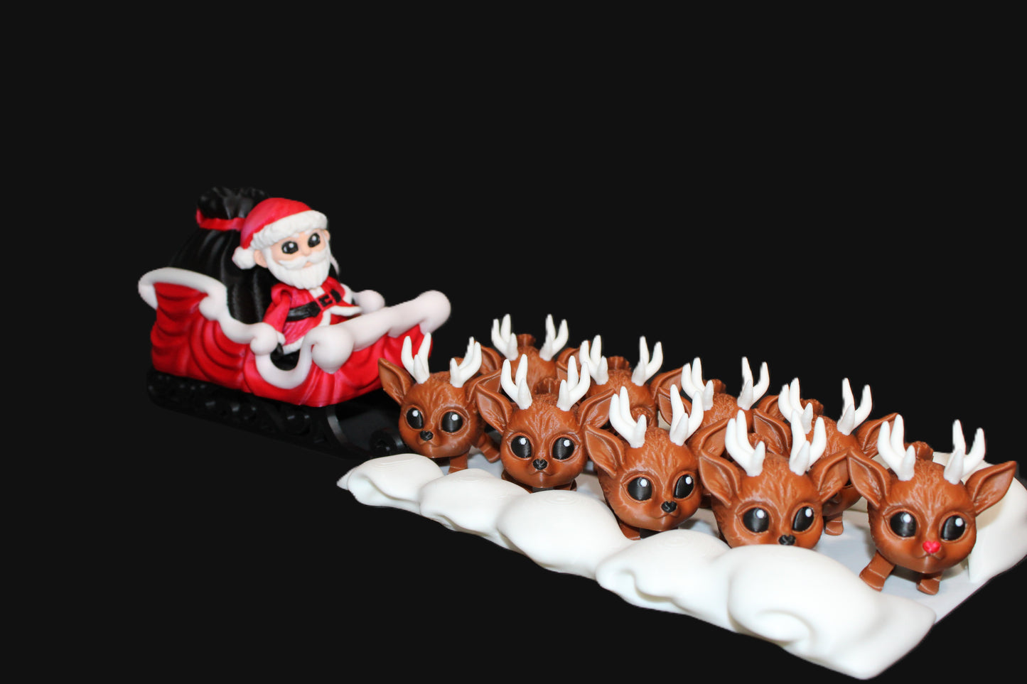 3D Printed Santa Sleigh Scene: Includes 8 Reindeer Pufflings and 1 Rudolph Puffling Christmas Decor - Wonderland 3D Printing