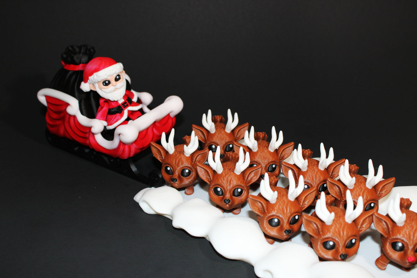 3D Printed Santa Sleigh Scene: Includes 8 Reindeer Pufflings and 1 Rudolph Puffling Christmas Decor - Wonderland 3D Printing