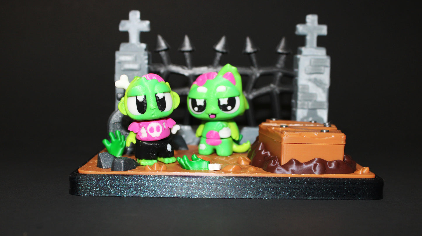 3D Printed Flexi Zombie with Zombie Kitty in Graveyard-Brain Included - Wonderland 3D Printing