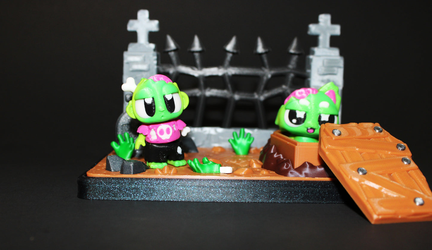 3D Printed Flexi Zombie with Zombie Kitty in Graveyard-Brain Included - Wonderland 3D Printing