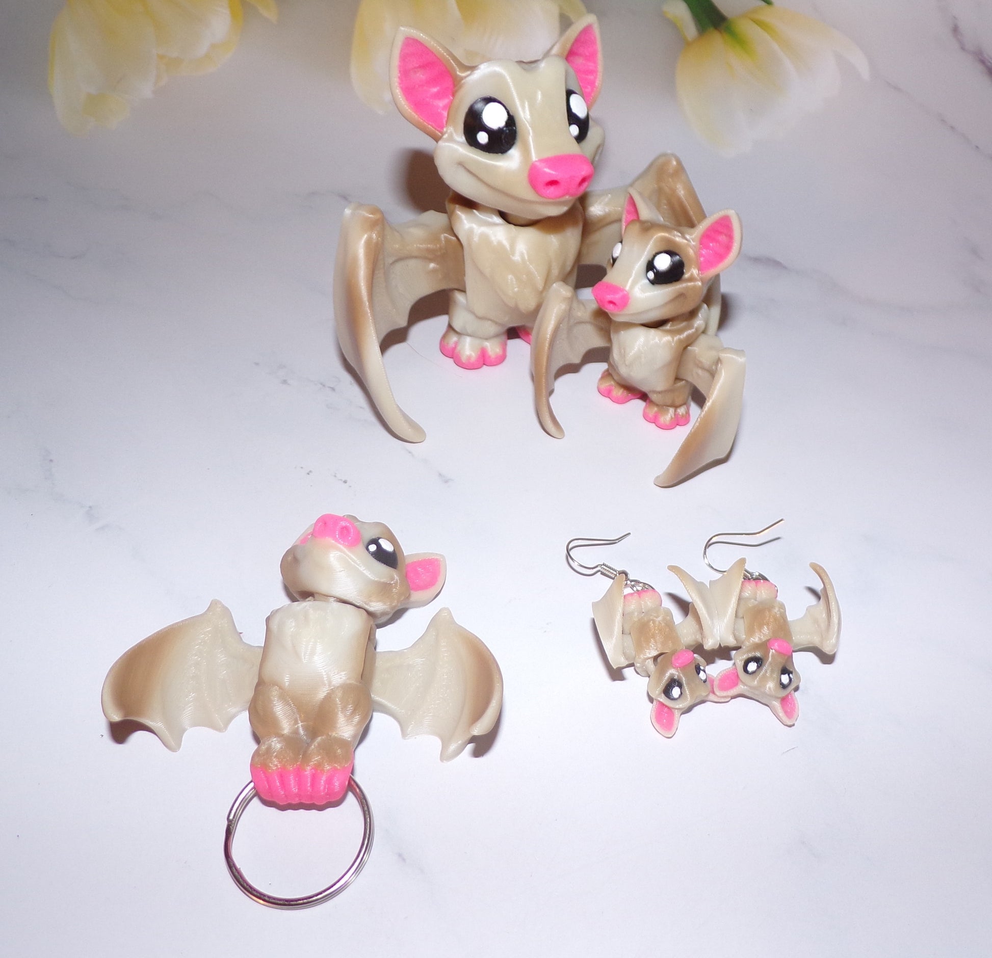 Miniature 3D Printed Fruit Bat, Earrings, and Keychains - Wonderland 3D Printing 