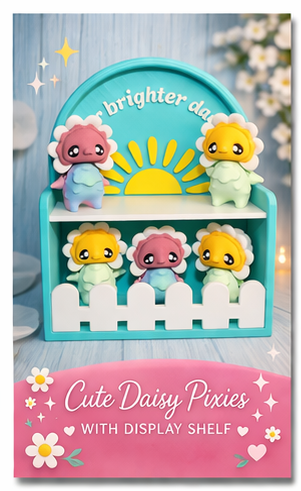 3D Printed Daisy Pixies with Display Shelf Options, Cute Kawaii Shelf Decor, Mini Pixie Figurines, Desk Decor, Gift Idea, Choose Individual or Full Set - Wonderland 3D Printing 