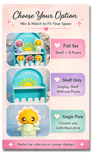 3D Printed Daisy Pixies with Display Shelf Options, Cute Kawaii Shelf Decor, Mini Pixie Figurines, Desk Decor, Gift Idea, Choose Individual or Full Set - Wonderland 3D Printing 