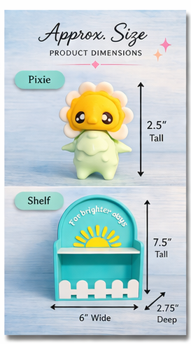 3D Printed Daisy Pixies with Display Shelf Options, Cute Kawaii Shelf Decor, Mini Pixie Figurines, Desk Decor, Gift Idea, Choose Individual or Full Set - Wonderland 3D Printing 