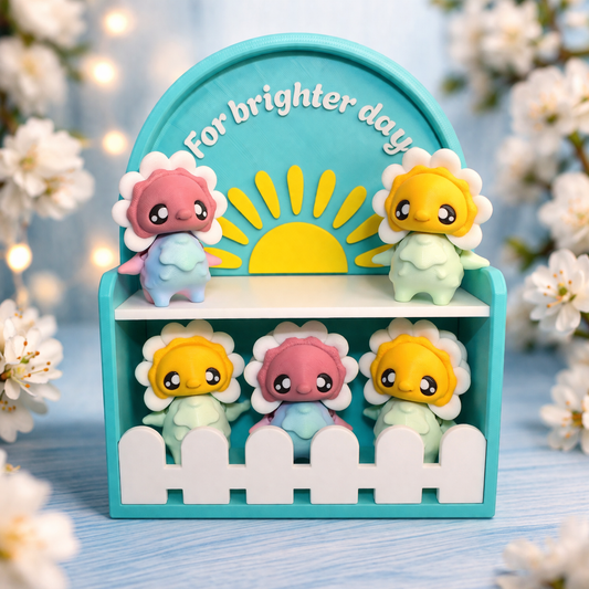 3D Printed Daisy Pixies with Display Shelf Options, Cute Kawaii Shelf Decor, Mini Pixie Figurines, Desk Decor, Gift Idea, Choose Individual or Full Set - Wonderland 3D Printing 