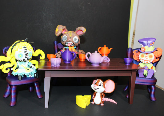 Wonderland Tea Party Fidget Toy Set: Alice, Hatter, March Hare, Door Mouse Includes table and Accessories- 3D Printed