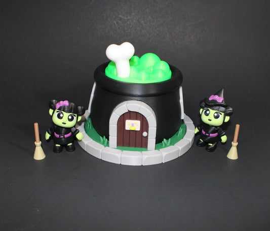 3D Printed Articulated Witch with Cauldron House, comes with 2 Witches, 2brroms and 2 cats