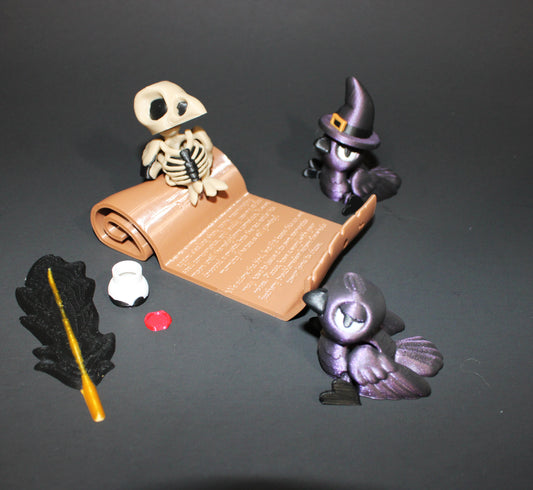 Crow Familiar, Bone Crow with Crow Scroll Display- Articulated 3D Printed Flexi Fidget Toy