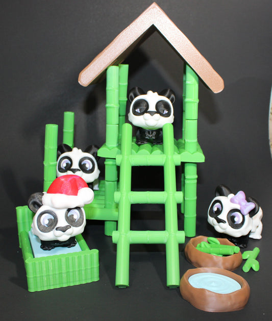 3D Printed Panda Play Set: Regular Set Includes Bamboo House, Bed, Feeding Bowls, Bamboo shoots, 1 Panda-Please read the description.
