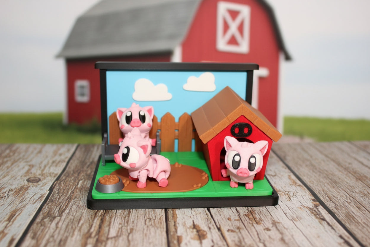 Flexi Piggy Playset -3D Printed Flexi Fidget- Comes with 4 Farm animals - Wonderland 3D Printing 