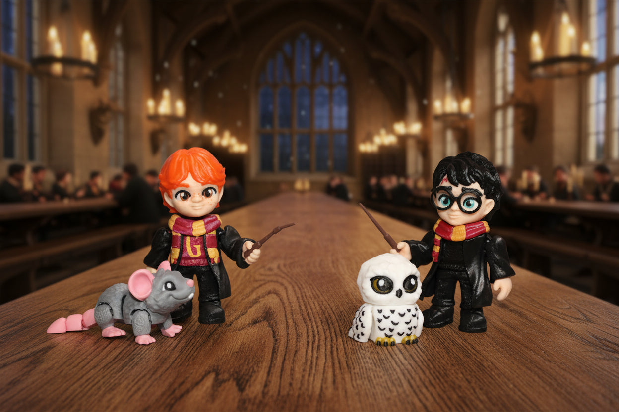 3D Printed Articulated Boy with Owl Figurines, Boy with Rat, or Girl with Cat - Wonderland 3D Printing 