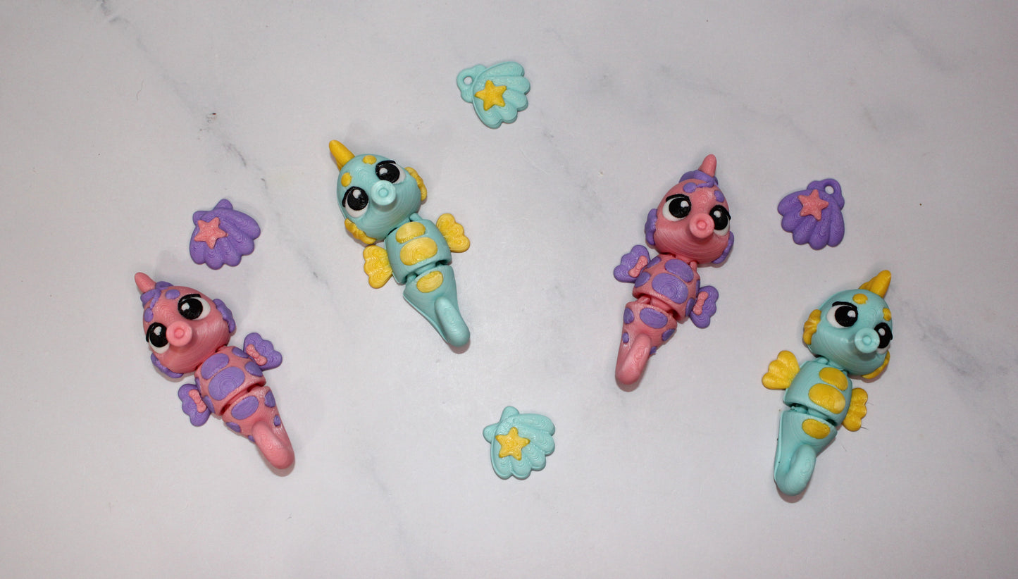 Seahorse and Shell with Keychain options 2.5 inches 3D Printed Articulated Flexi Fidget