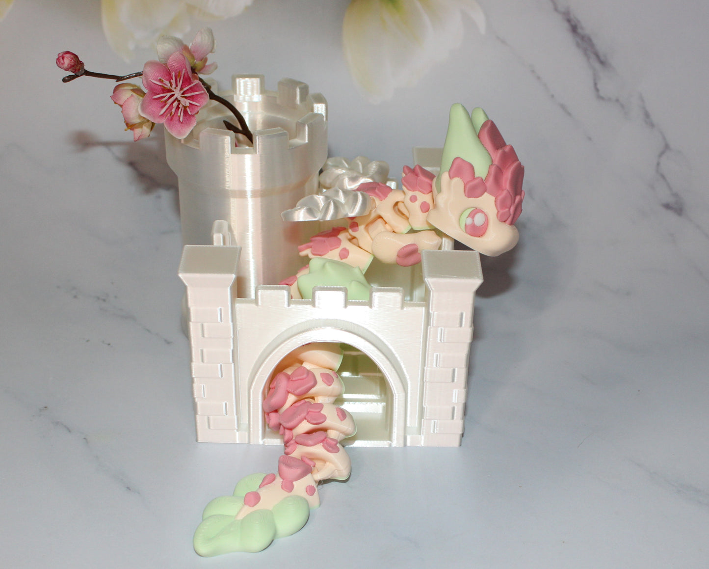 Sakura Dragon with Tower Options Articulated 8.5 inches -3d Printed Figurine