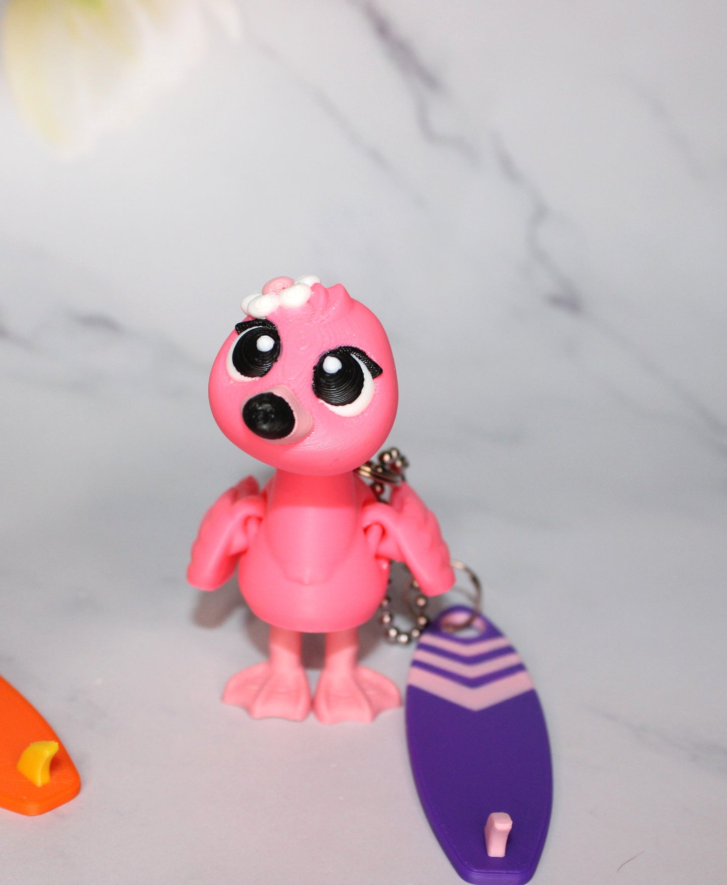 Flamingo and Surfboard with Keychain options 2.5 inches 3D Printed Articulated Flexi Fidget