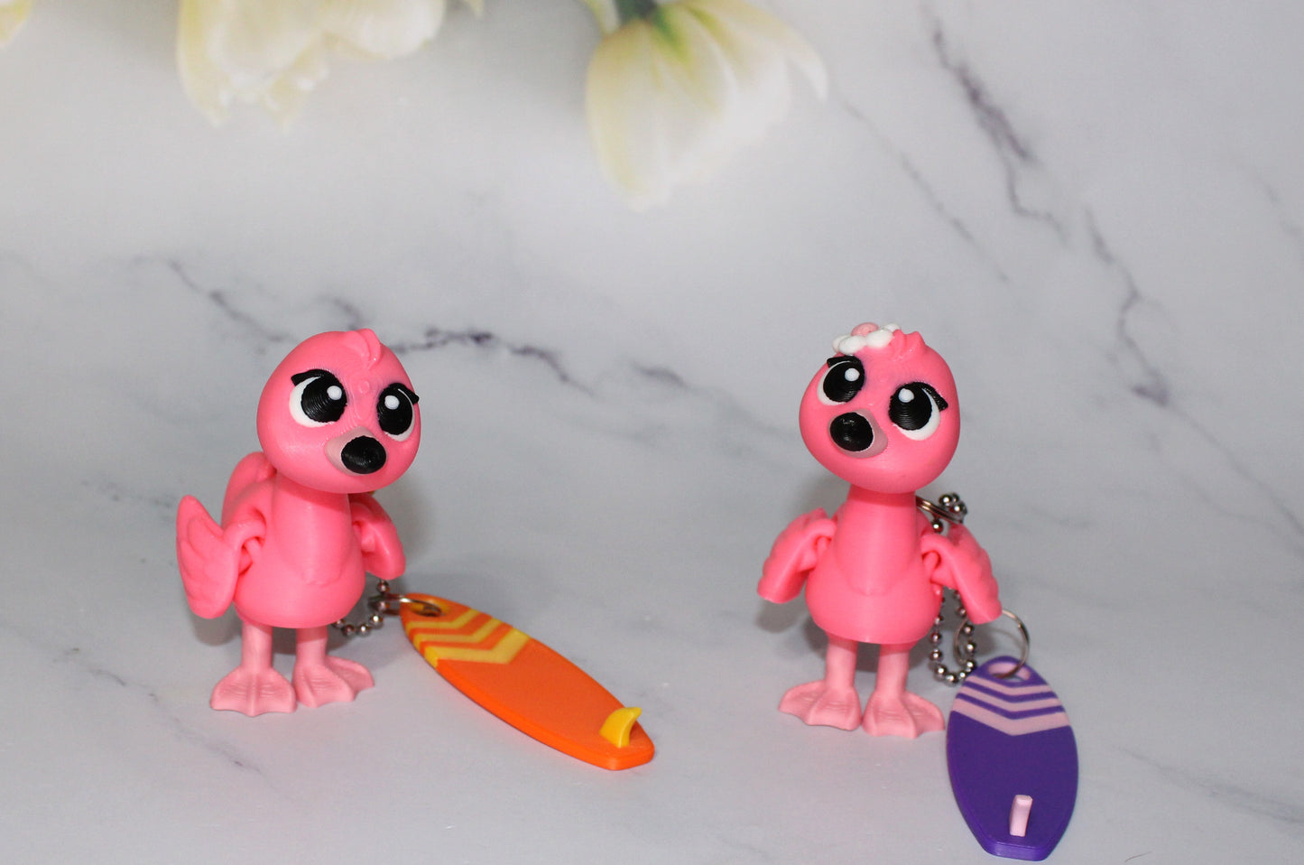 Flamingo and Surfboard with Keychain options 2.5 inches 3D Printed Articulated Flexi Fidget