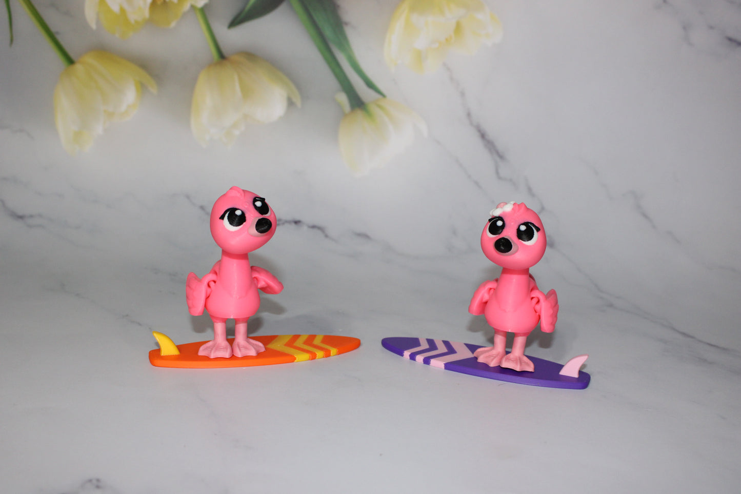 Flamingo and Surfboard with Keychain options 2.5 inches 3D Printed Articulated Flexi Fidget