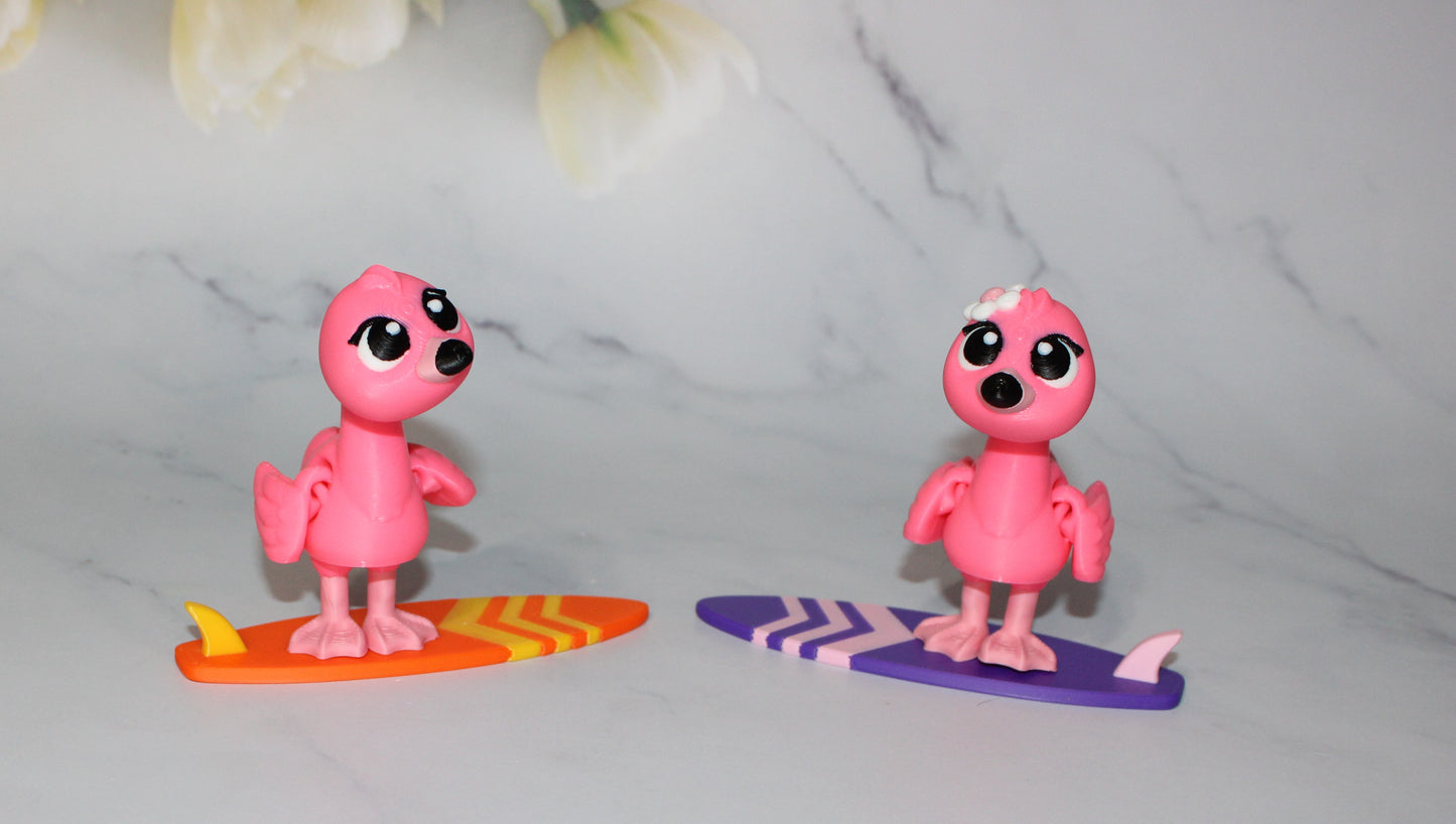 Flamingo and Surfboard with Keychain options 2.5 inches 3D Printed Articulated Flexi Fidget