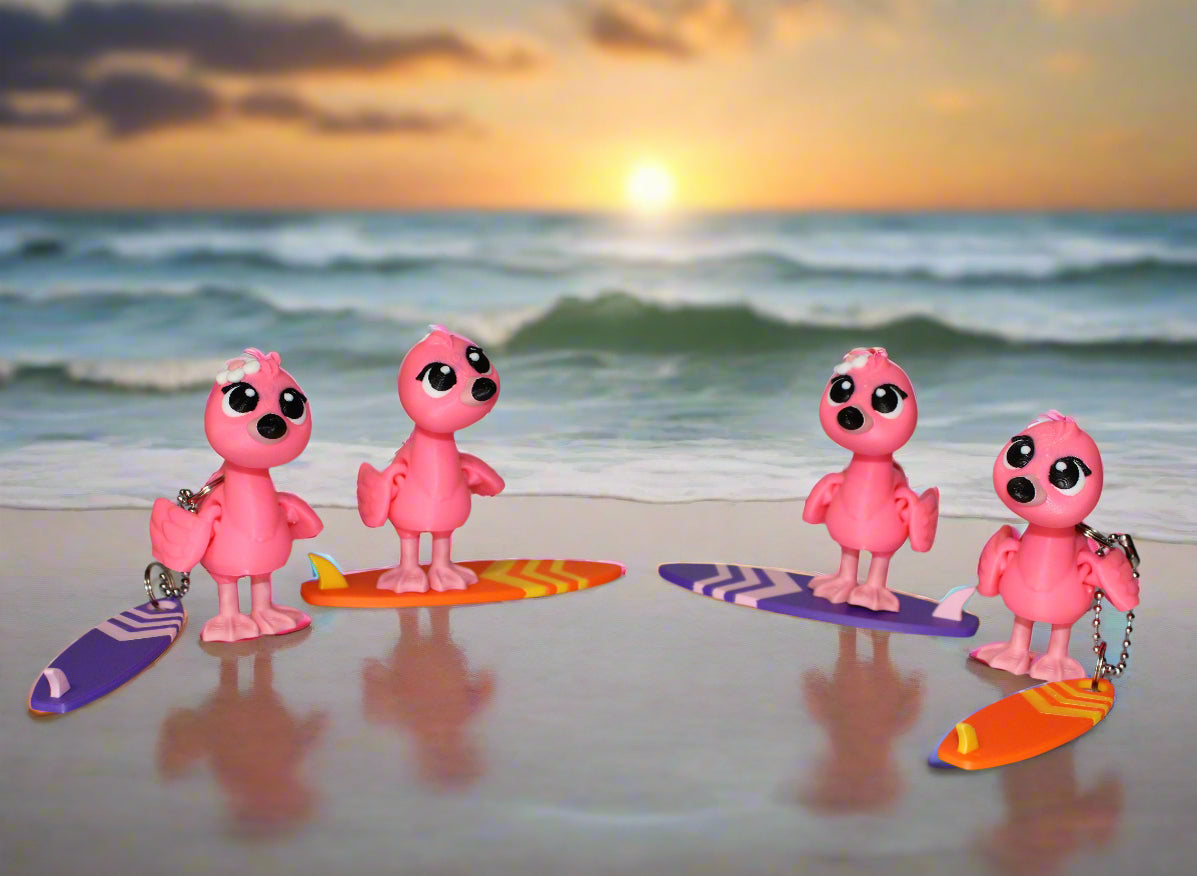 Flamingo and Surfboard with Keychain options 2.5 inches 3D Printed Articulated Flexi Fidget
