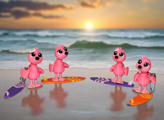 Flamingo and Surfboard with Keychain options 2.5 inches 3D Printed Articulated Flexi Fidget