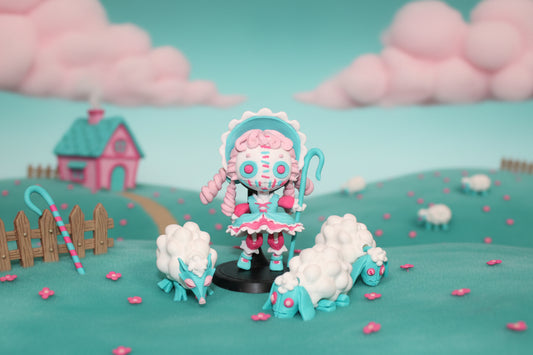 3d Printed Sheeperdess  flexi fidget figurine 4.5" tall comes with stand and 3 sheep - Wonderland 3D Printing 