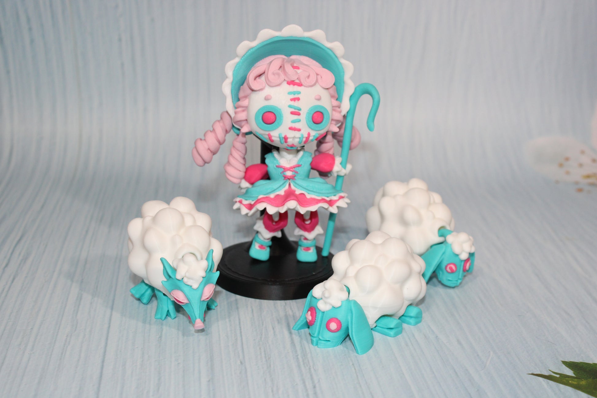 3d Printed Sheeperdess  flexi fidget figurine 4.5" tall comes with stand and 3 sheep - Wonderland 3D Printing 