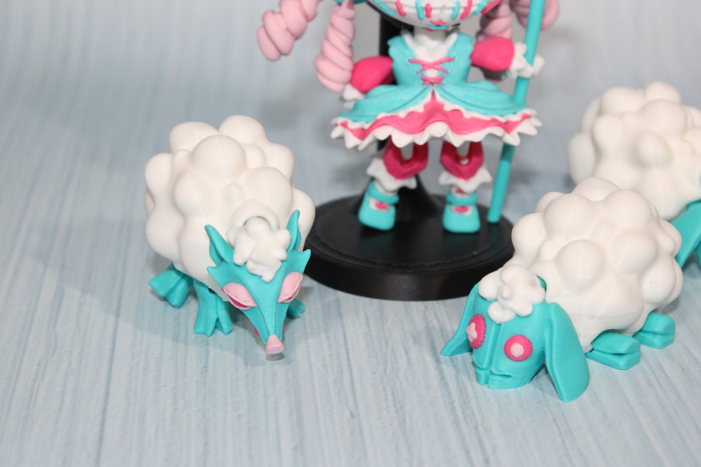 3d Printed Sheeperdess  flexi fidget figurine 4.5" tall comes with stand and 3 sheep - Wonderland 3D Printing 