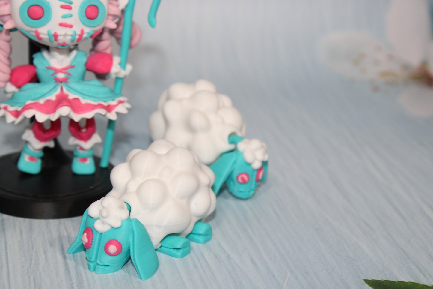 3d Printed Sheeperdess  flexi fidget figurine 4.5" tall comes with stand and 3 sheep - Wonderland 3D Printing 