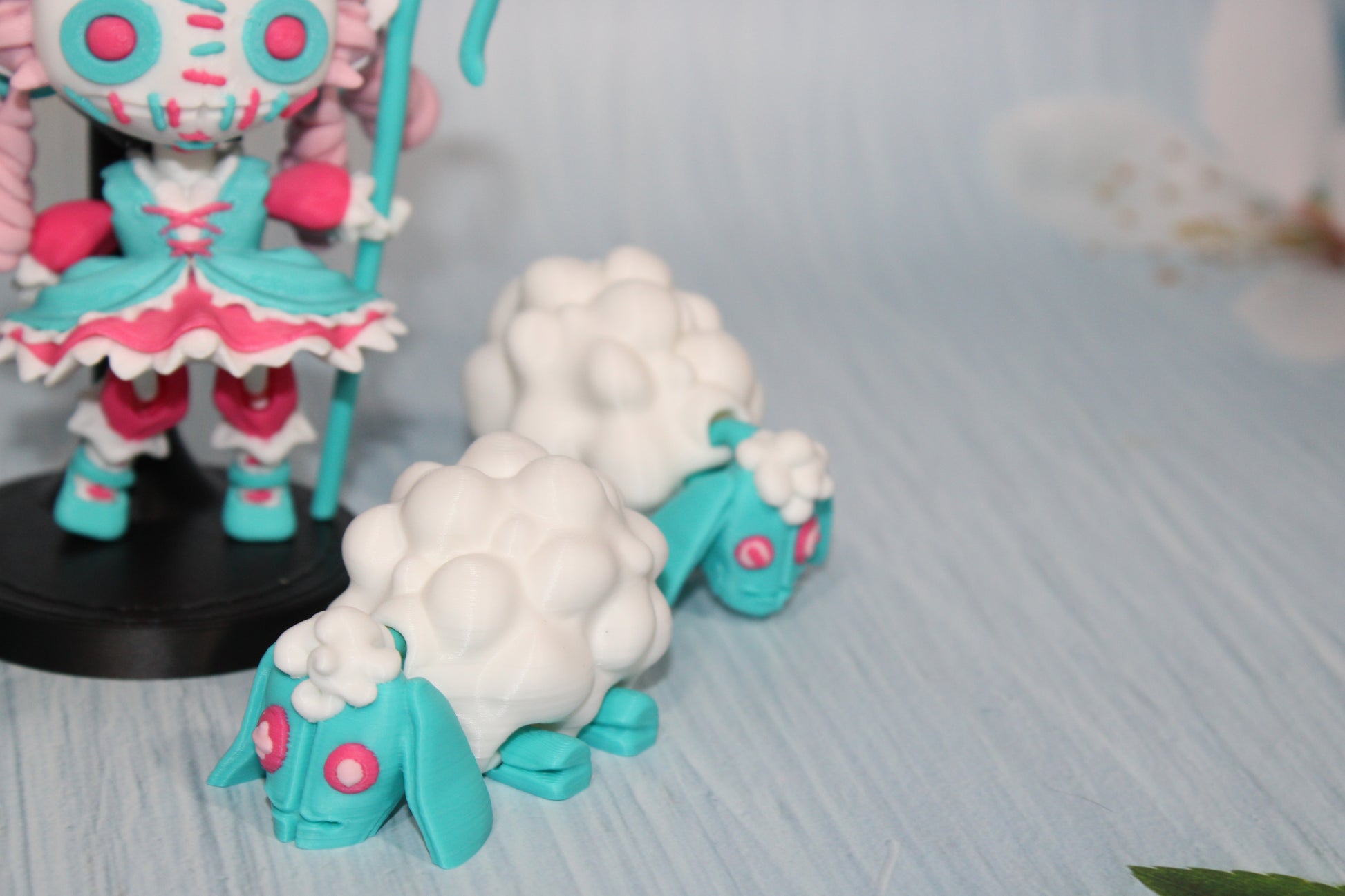 3d Printed Sheeperdess  flexi fidget figurine 4.5" tall comes with stand and 3 sheep - Wonderland 3D Printing 