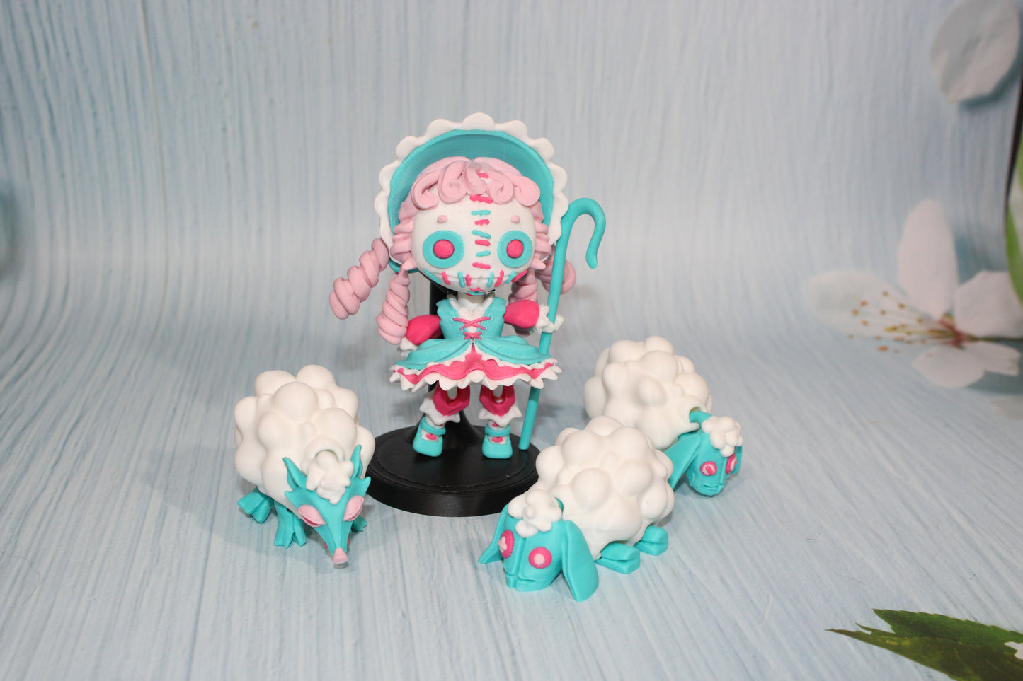 3d Printed Sheeperdess  flexi fidget figurine 4.5" tall comes with stand and 3 sheep - Wonderland 3D Printing 