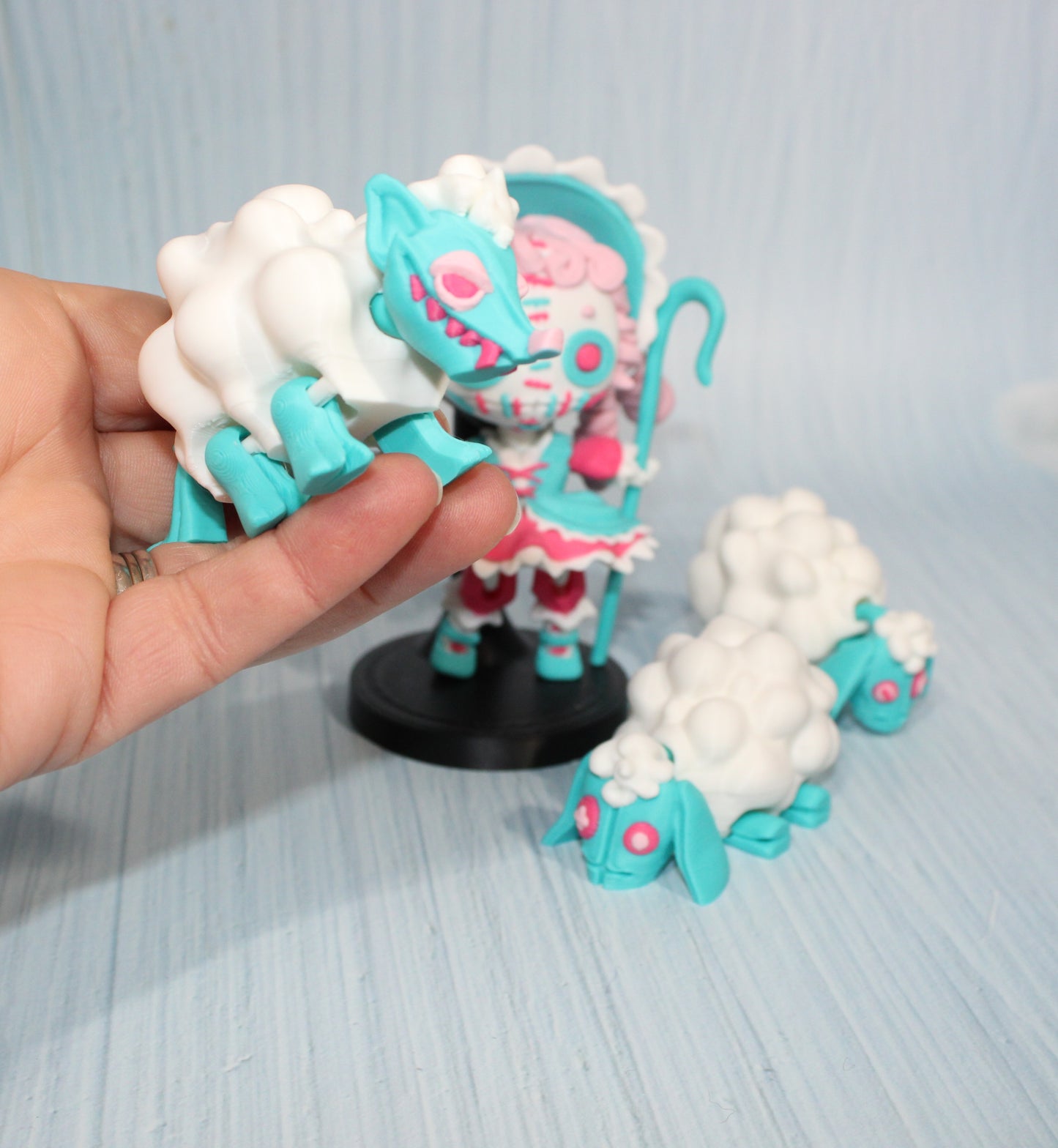 3d Printed Sheeperdess  flexi fidget figurine 4.5" tall comes with stand and 3 sheep - Wonderland 3D Printing 