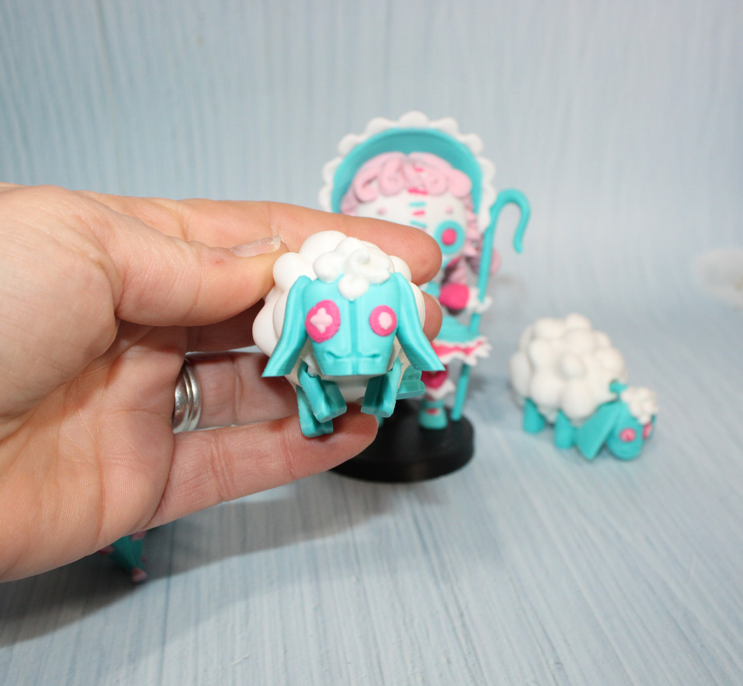3d Printed Sheeperdess  flexi fidget figurine 4.5" tall comes with stand and 3 sheep - Wonderland 3D Printing 