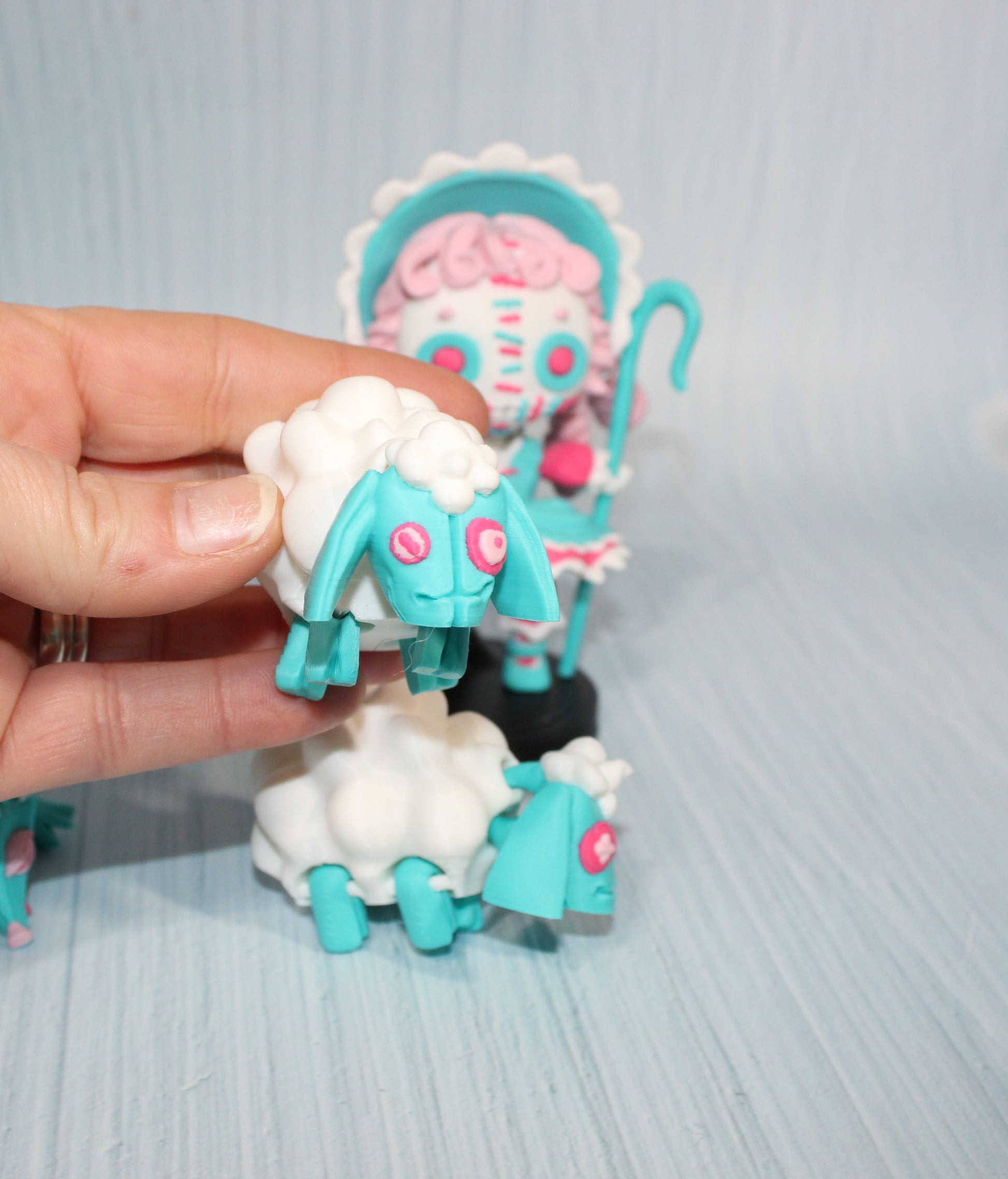 3d Printed Sheeperdess  flexi fidget figurine 4.5" tall comes with stand and 3 sheep - Wonderland 3D Printing 