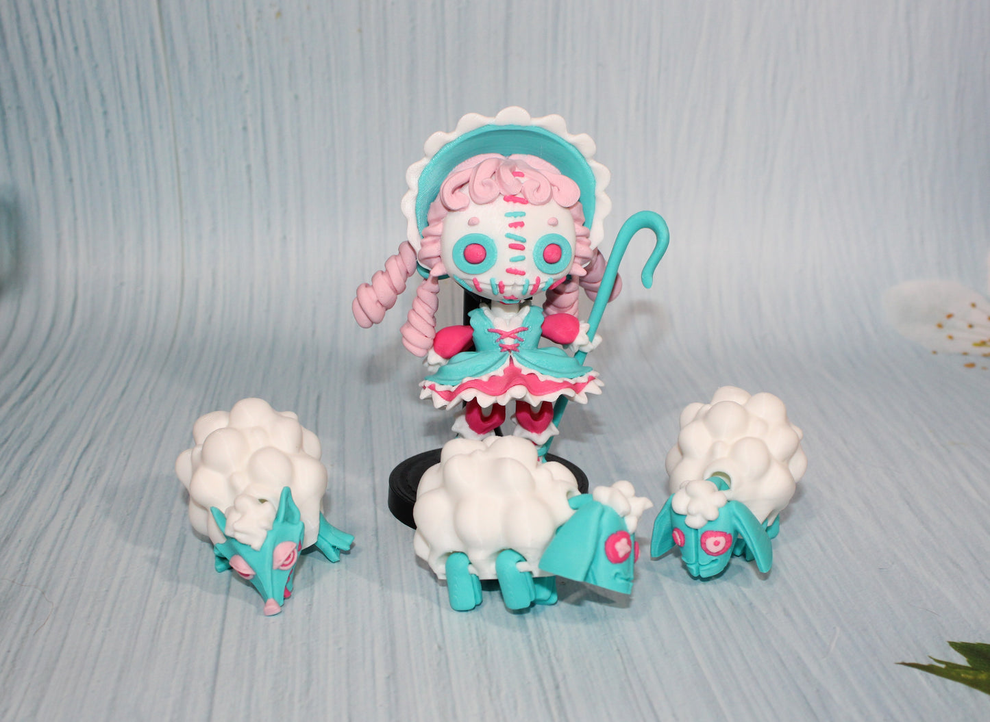 3d Printed Sheeperdess  flexi fidget figurine 4.5" tall comes with stand and 3 sheep - Wonderland 3D Printing 