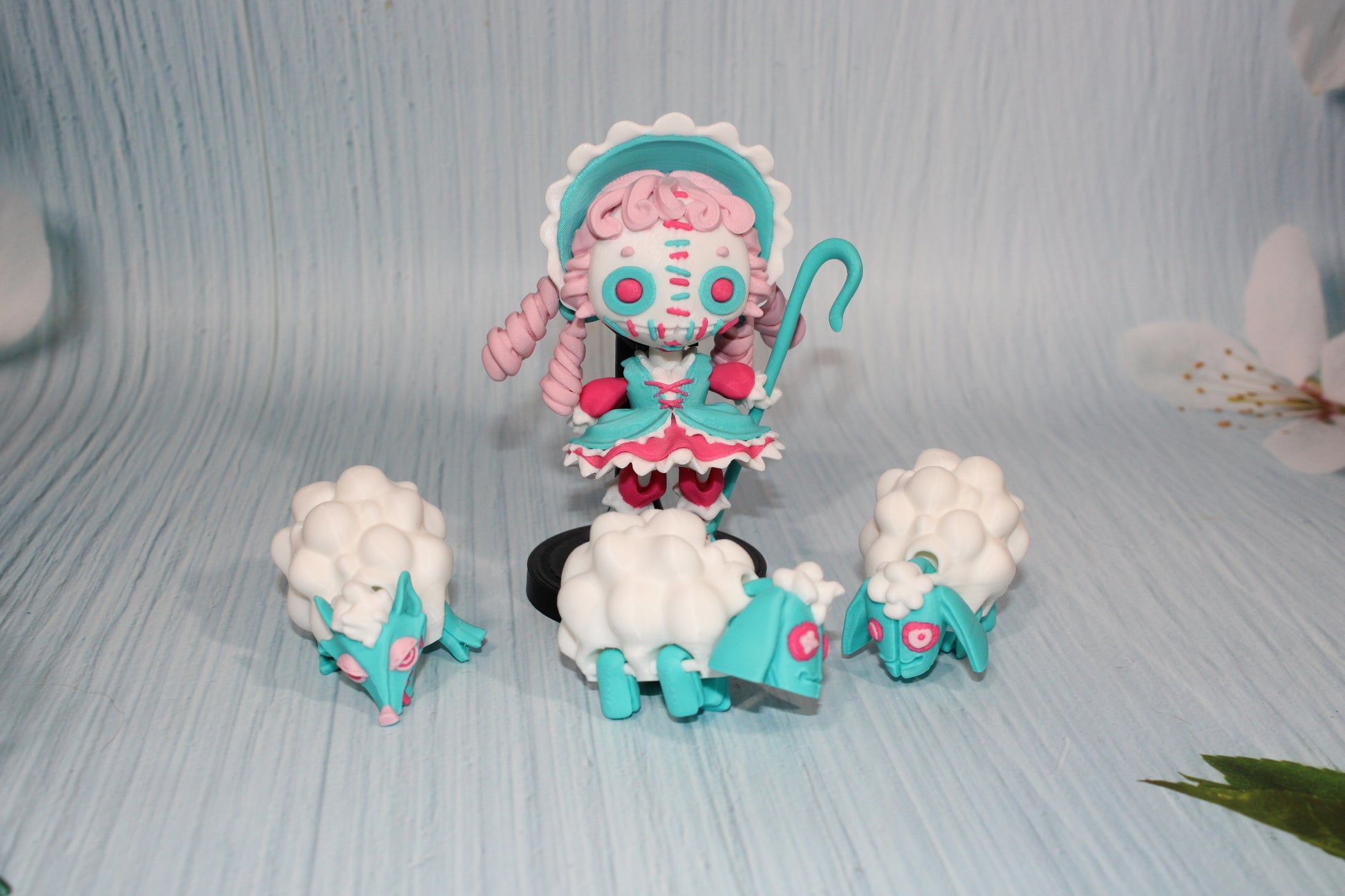 3d Printed Sheeperdess  flexi fidget figurine 4.5" tall comes with stand and 3 sheep - Wonderland 3D Printing 