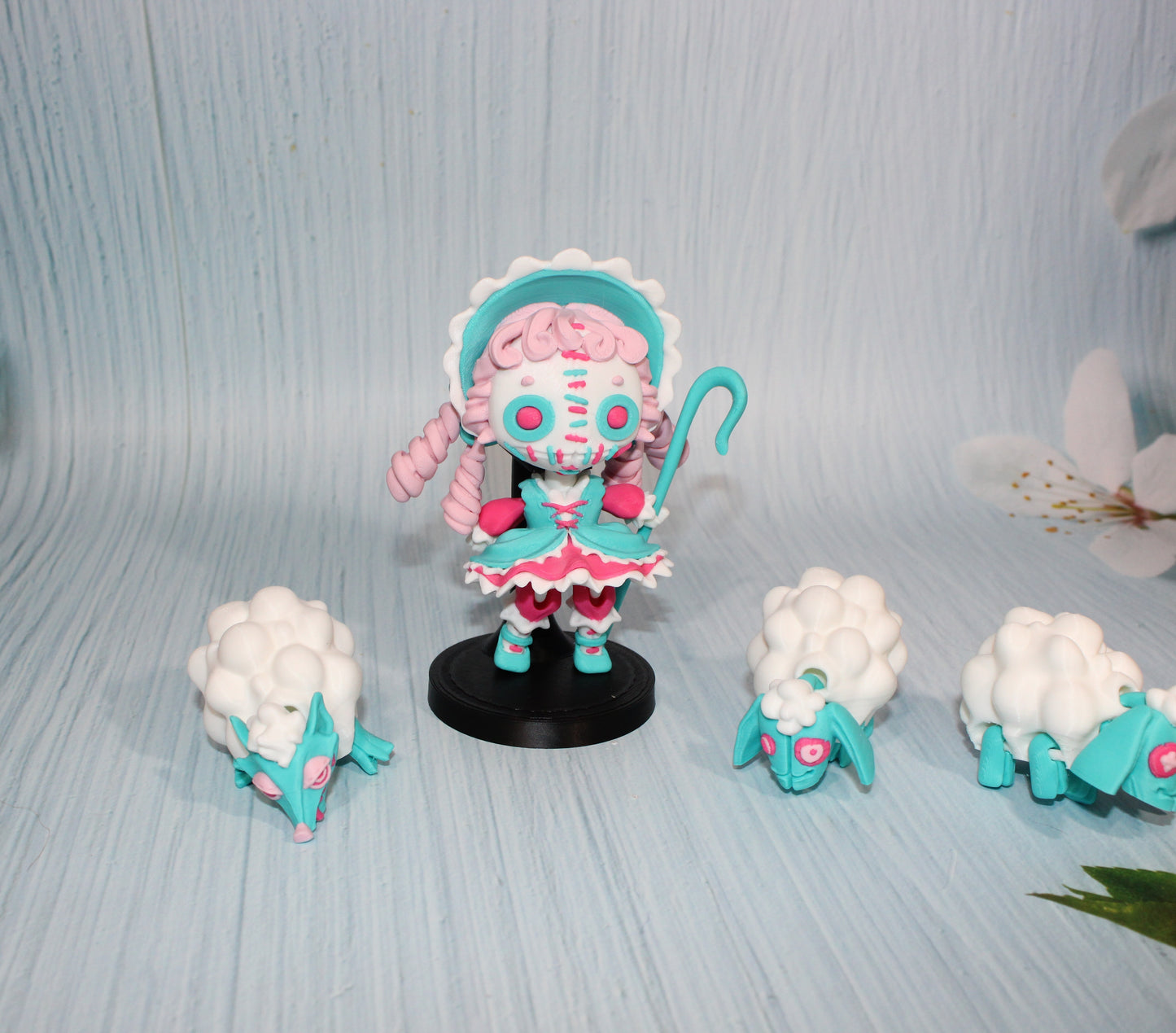 3d Printed Sheeperdess  flexi fidget figurine 4.5" tall comes with stand and 3 sheep - Wonderland 3D Printing 