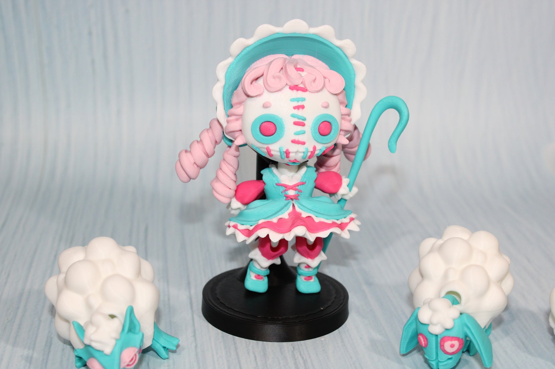3d Printed Sheeperdess  flexi fidget figurine 4.5" tall comes with stand and 3 sheep - Wonderland 3D Printing 
